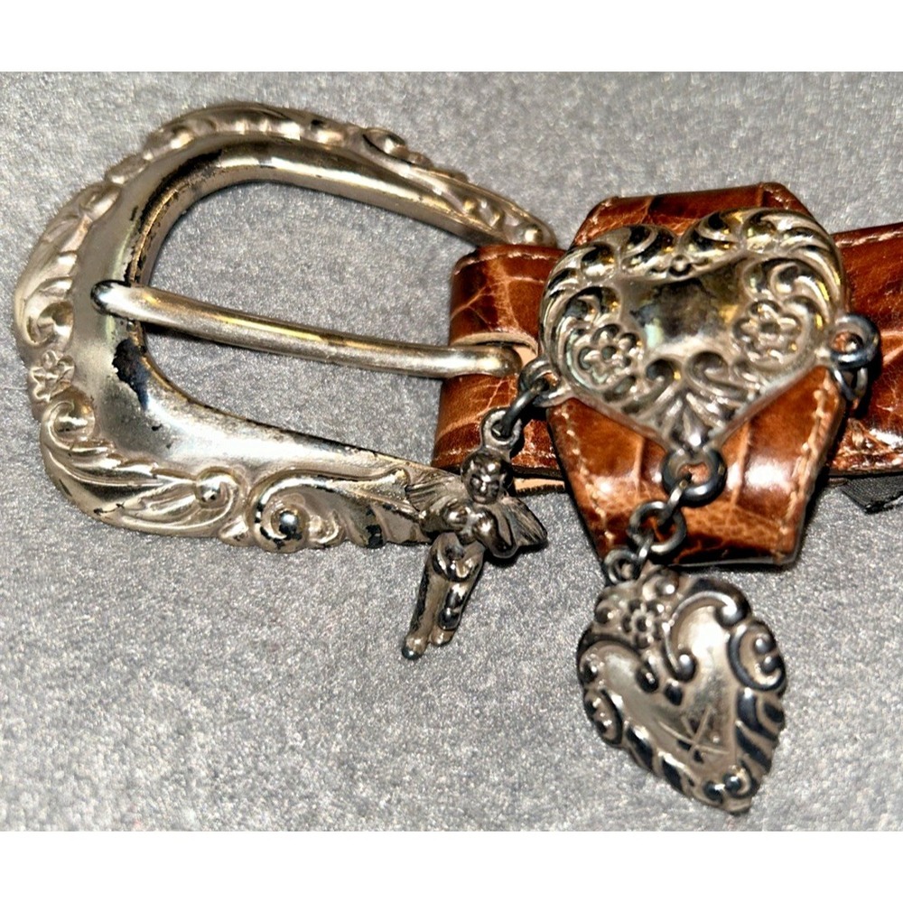 Vtg 90s Brighton Leather Belt Silver Tone Charms Buckle M 42907 Brown Ornate - Picture 3 of 11